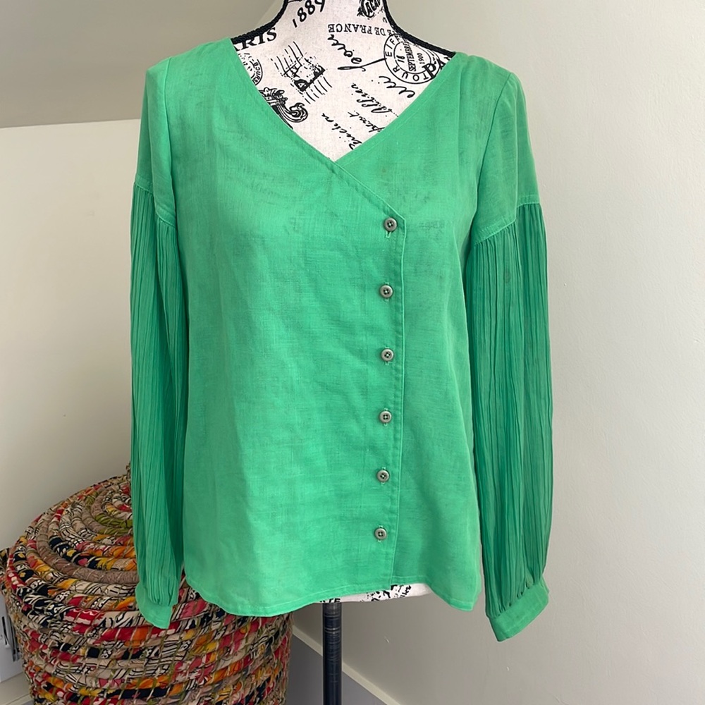 *Host Pick* Vintage Caron Chicago Kelly Green Long Pleated Sleeve Blouse SZ S